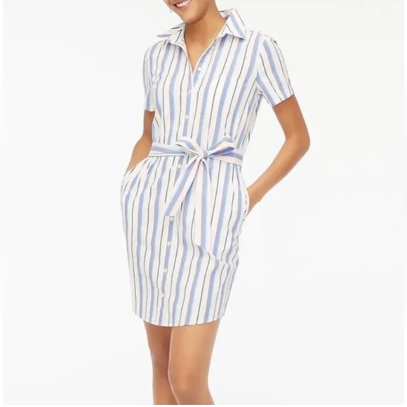 J. Crew Striped Mini Shirt Dress w/ Belt and Pockets - Picture 3 of 7